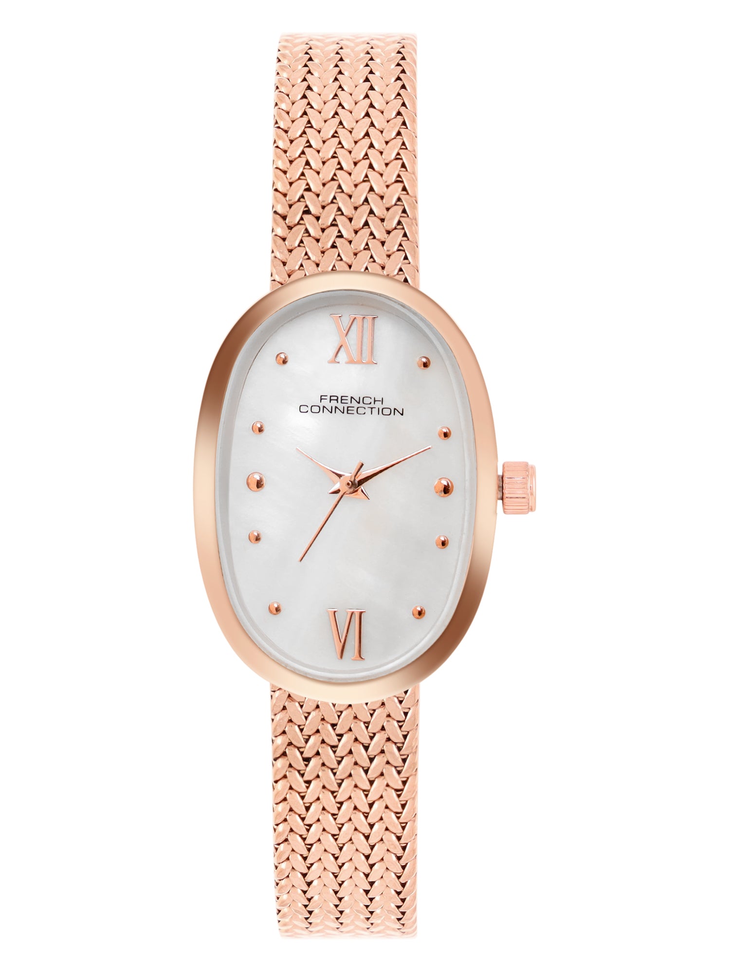 French Connection Mop Silver Round Dial With Rose Stainless Steel  Strap Watch - For Womens FCN0126SRGM