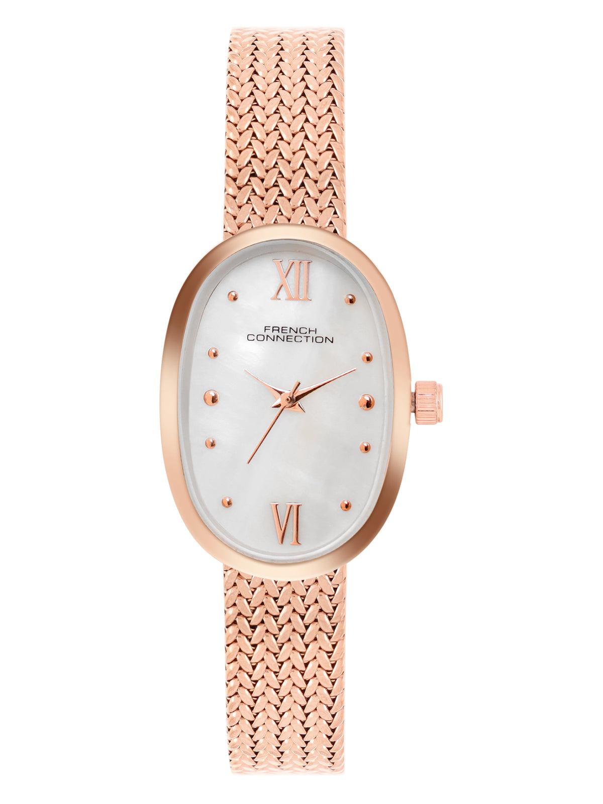 French Connection Mop Silver Round Dial With Rose Stainless Steel  Strap Watch - For Womens FCN0126SRGM