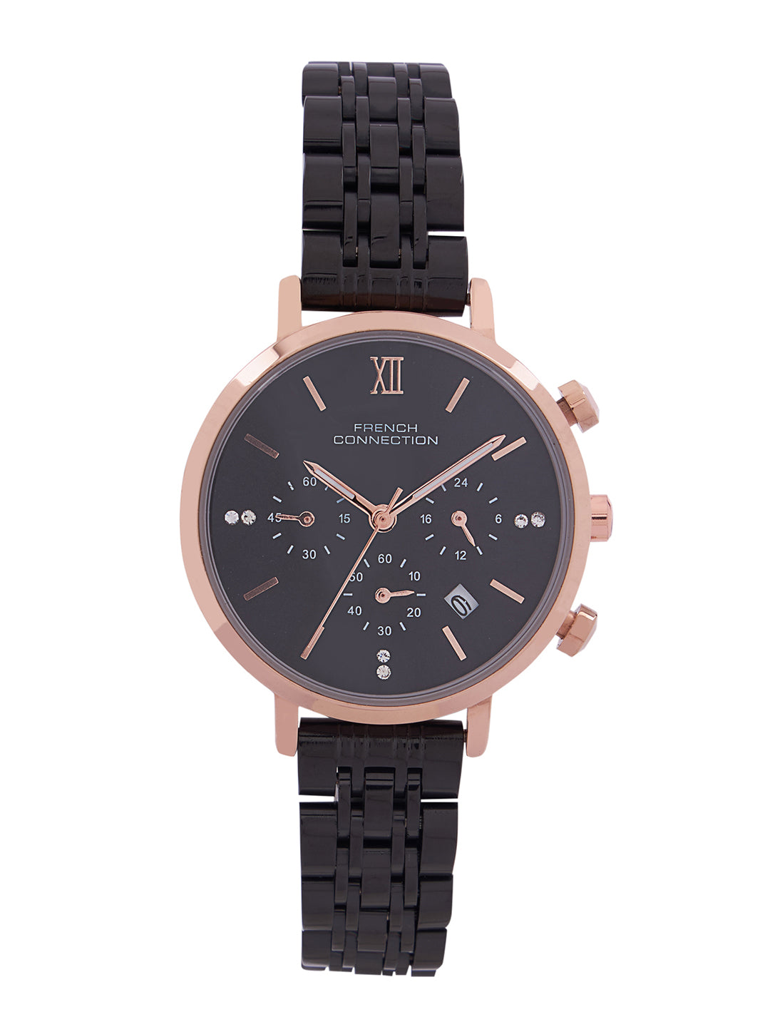 French Connection Sunray Black Round Dial With Black Stainless Steel  Strap Chronograph Watch - For Womens FCN0127BM