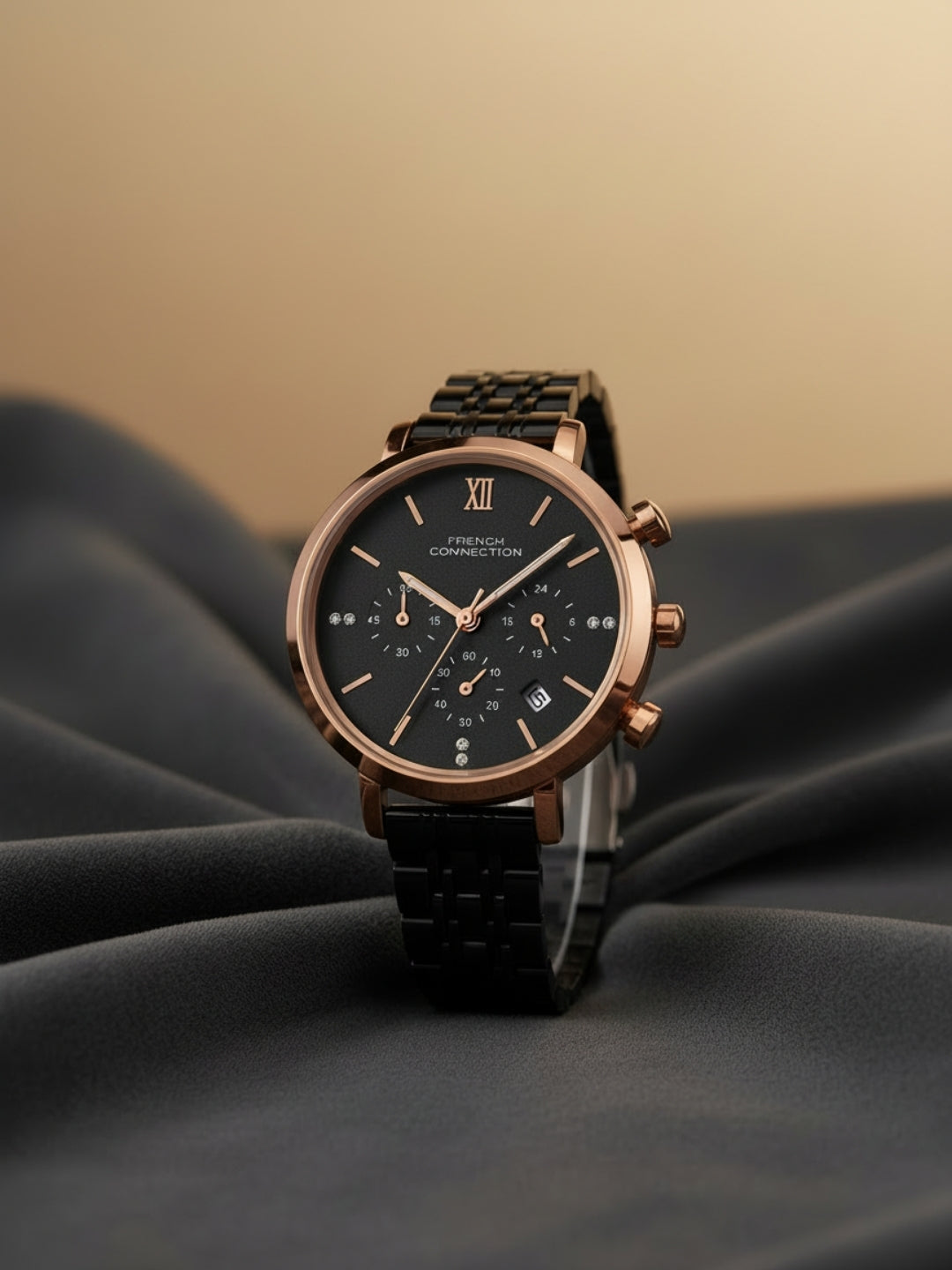 French Connection Sunray Black Round Dial With Black Stainless Steel  Strap Chronograph Watch - For Womens FCN0127BM