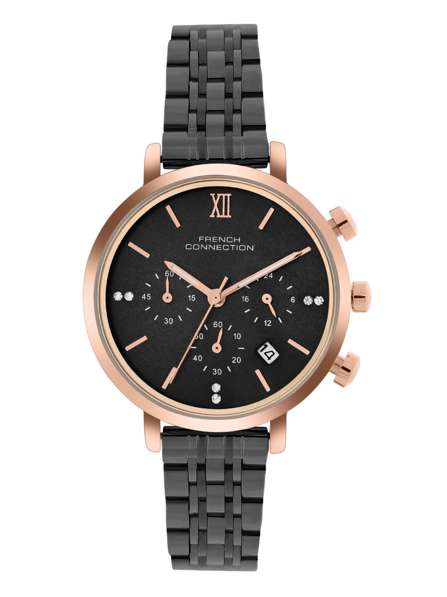 French Connection Sunray Black Round Dial With Black Stainless Steel  Strap Chronograph Watch - For Womens FCN0127BM