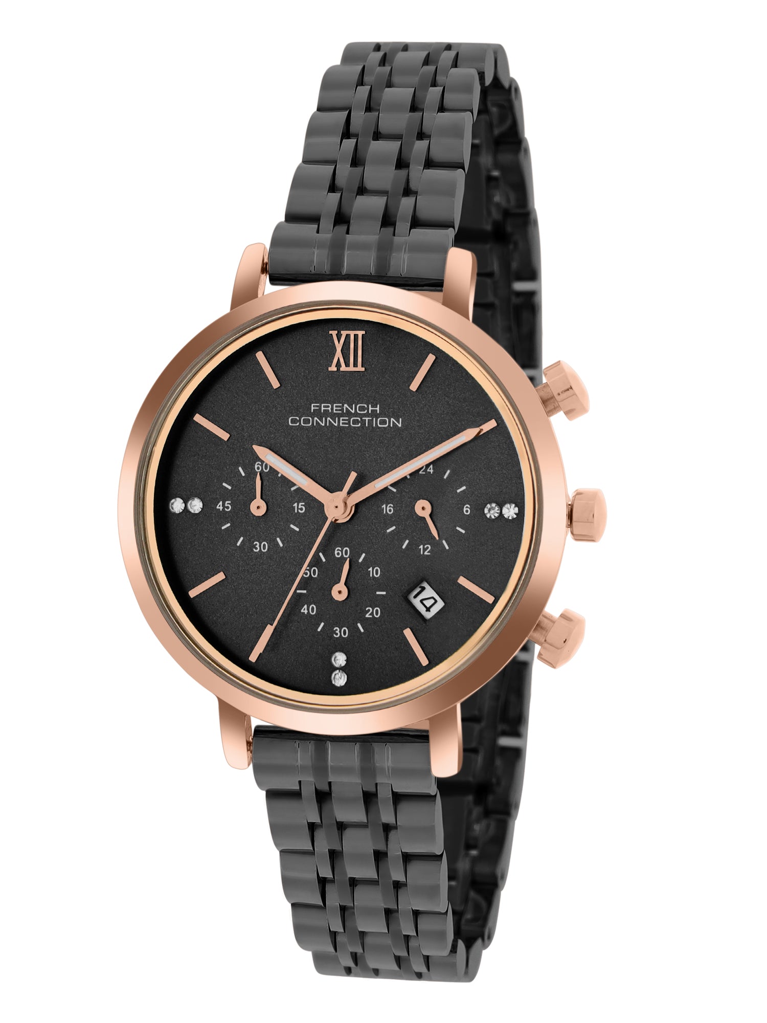 French Connection Sunray Black Round Dial With Black Stainless Steel  Strap Chronograph Watch - For Womens FCN0127BM