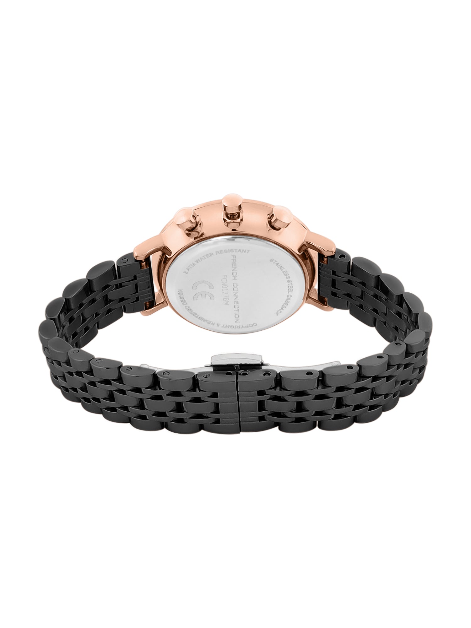 French Connection Sunray Black Round Dial With Black Stainless Steel  Strap Chronograph Watch - For Womens FCN0127BM