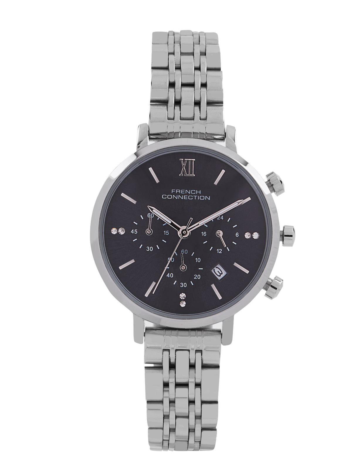 French Connection Sunray Black Round Dial With Stainless Steel  Strap Chronograph Watch - For Womens FCN0127BSM
