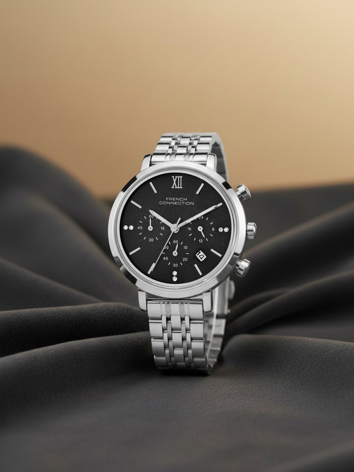 French Connection Sunray Black Round Dial With Stainless Steel  Strap Chronograph Watch - For Womens FCN0127BSM