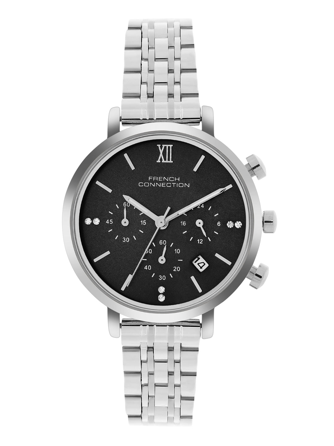 French Connection Sunray Black Round Dial With Stainless Steel  Strap Chronograph Watch - For Womens FCN0127BSM