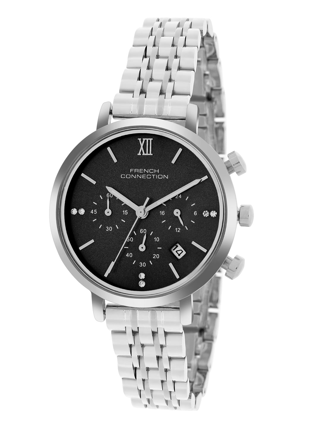French Connection Sunray Black Round Dial With Stainless Steel  Strap Chronograph Watch - For Womens FCN0127BSM