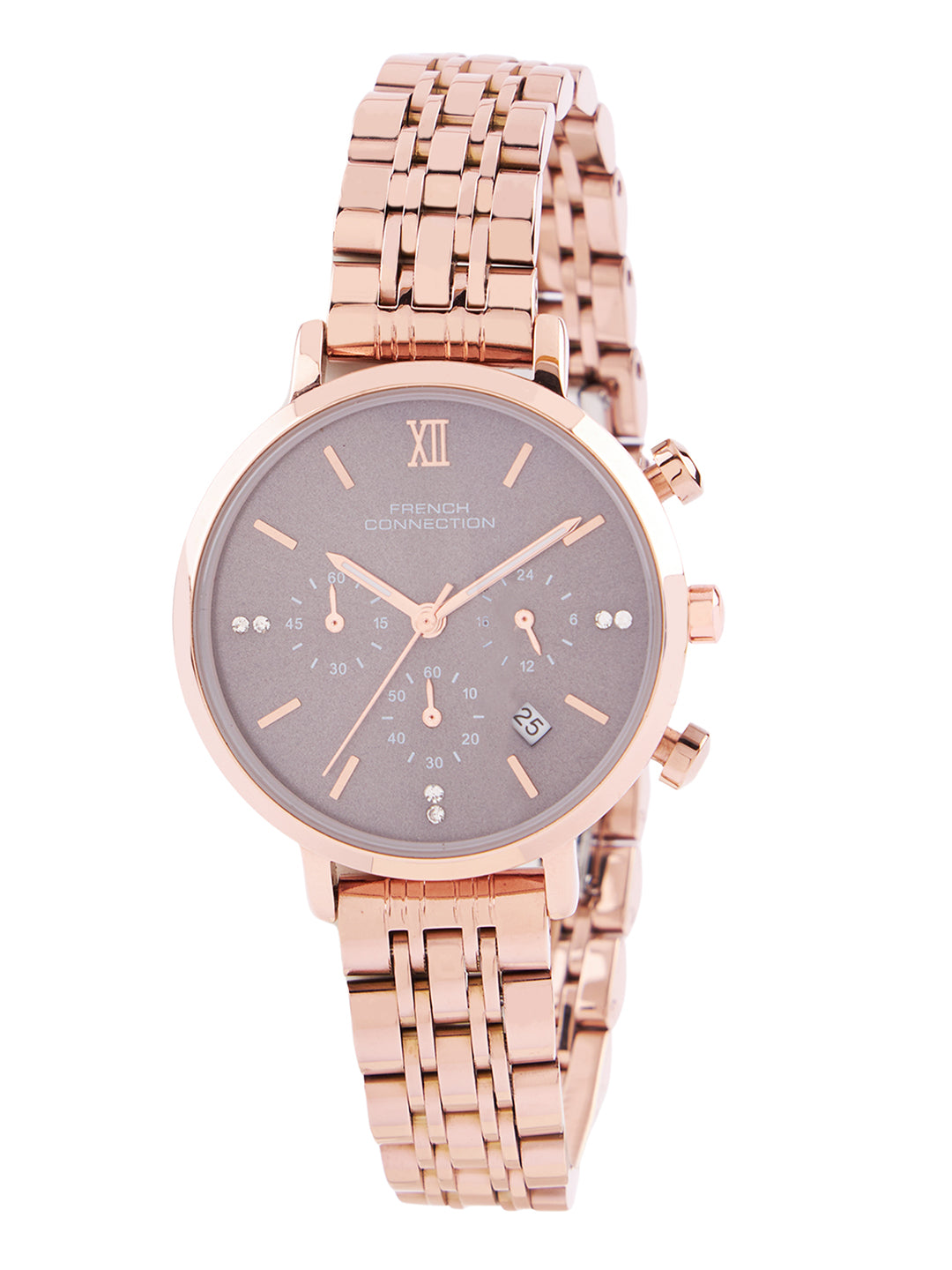 French Connection Sunray Grey Round Dial With Rose Stainless Steel  Strap Chronograph Watch - For Womens FCN0127RGM