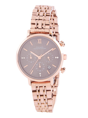 French Connection Sunray Grey Round Dial With Rose Stainless Steel  Strap Chronograph Watch - For Womens FCN0127RGM