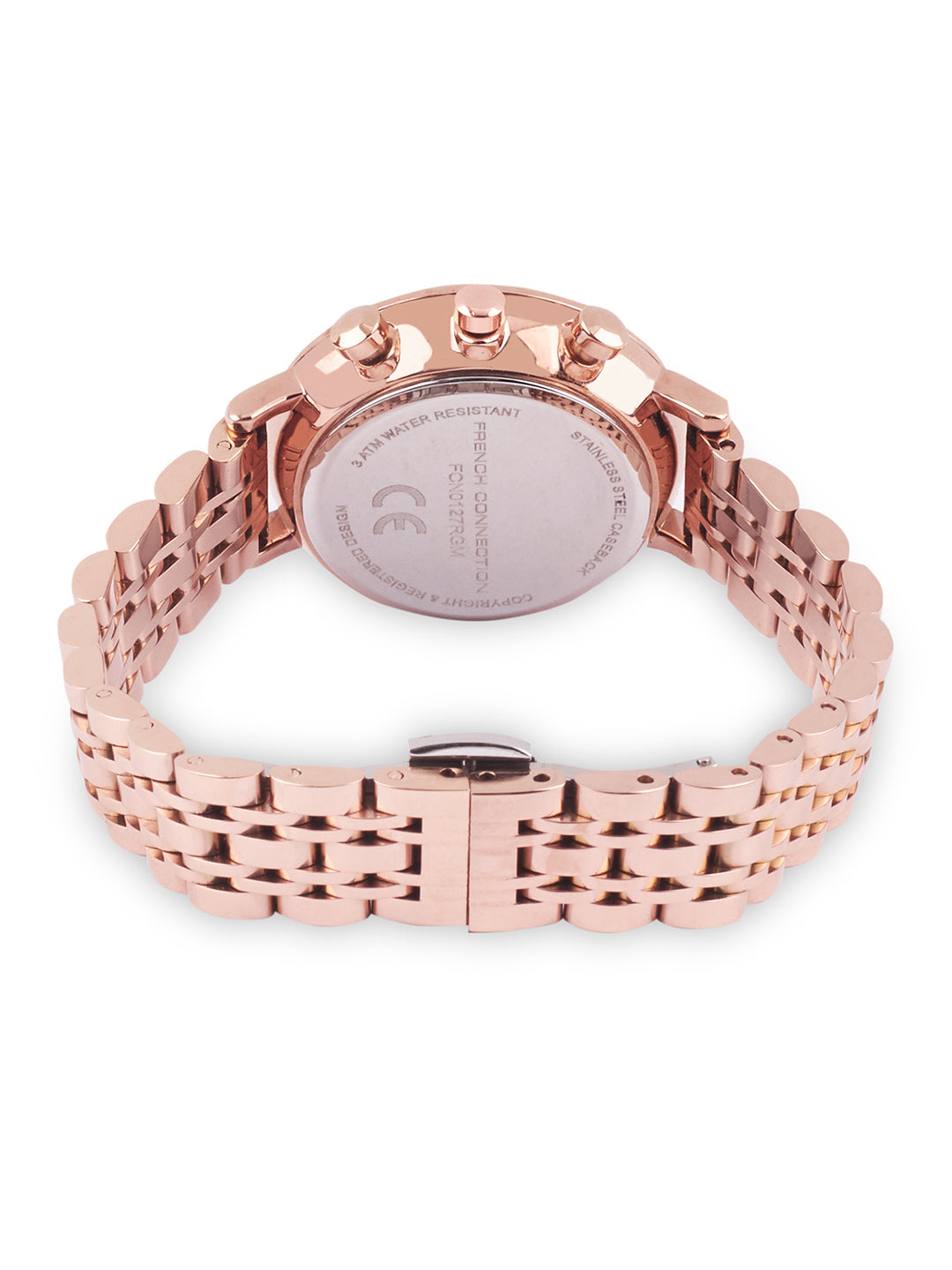 French Connection Sunray Grey Round Dial With Rose Stainless Steel  Strap Chronograph Watch - For Womens FCN0127RGM