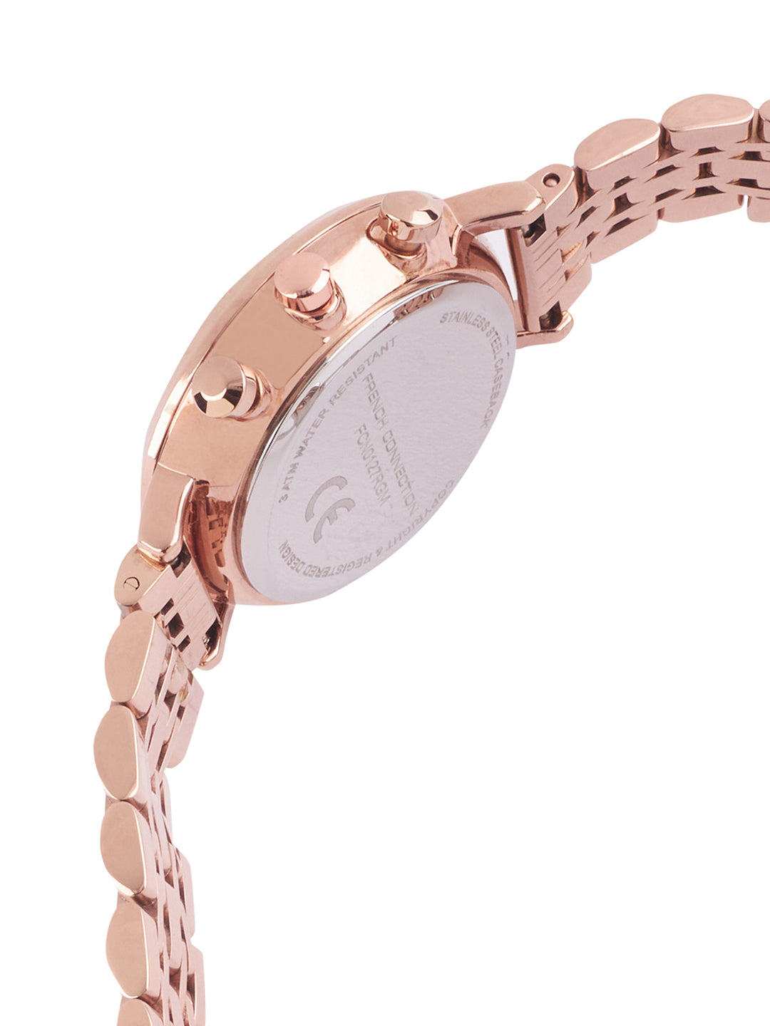 French Connection Sunray Grey Round Dial With Rose Stainless Steel  Strap Chronograph Watch - For Womens FCN0127RGM