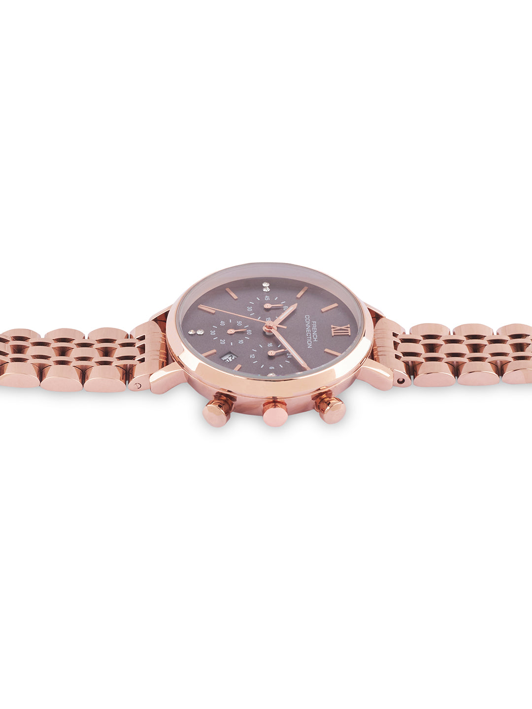 French Connection Sunray Grey Round Dial With Rose Stainless Steel  Strap Chronograph Watch - For Womens FCN0127RGM