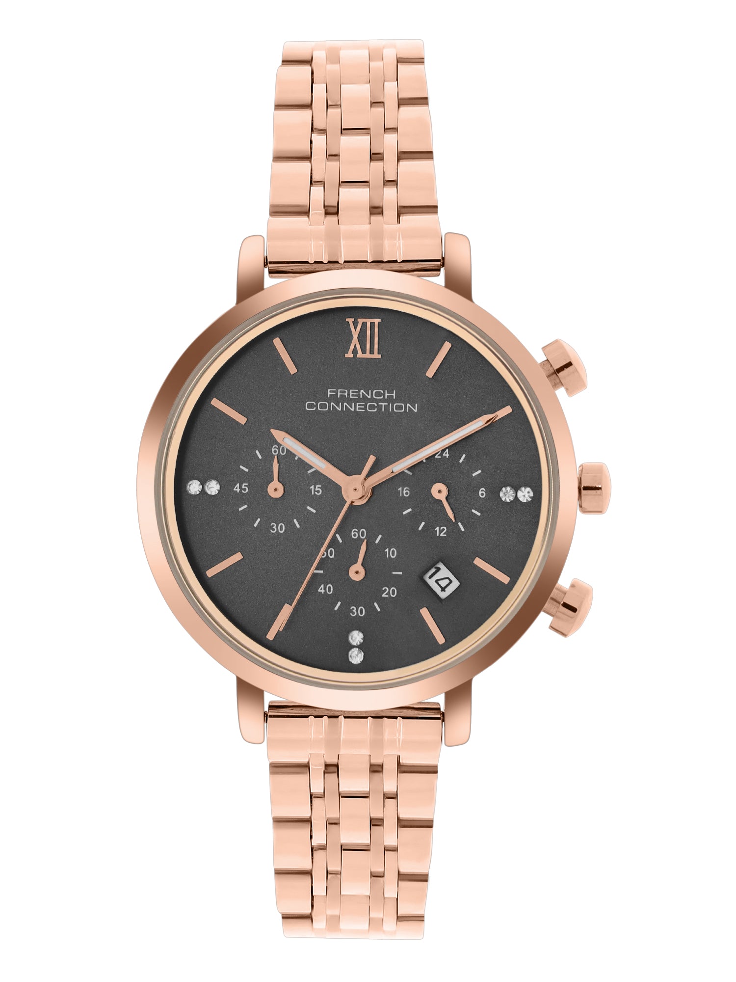 French Connection Sunray Grey Round Dial With Rose Stainless Steel  Strap Chronograph Watch - For Womens FCN0127RGM