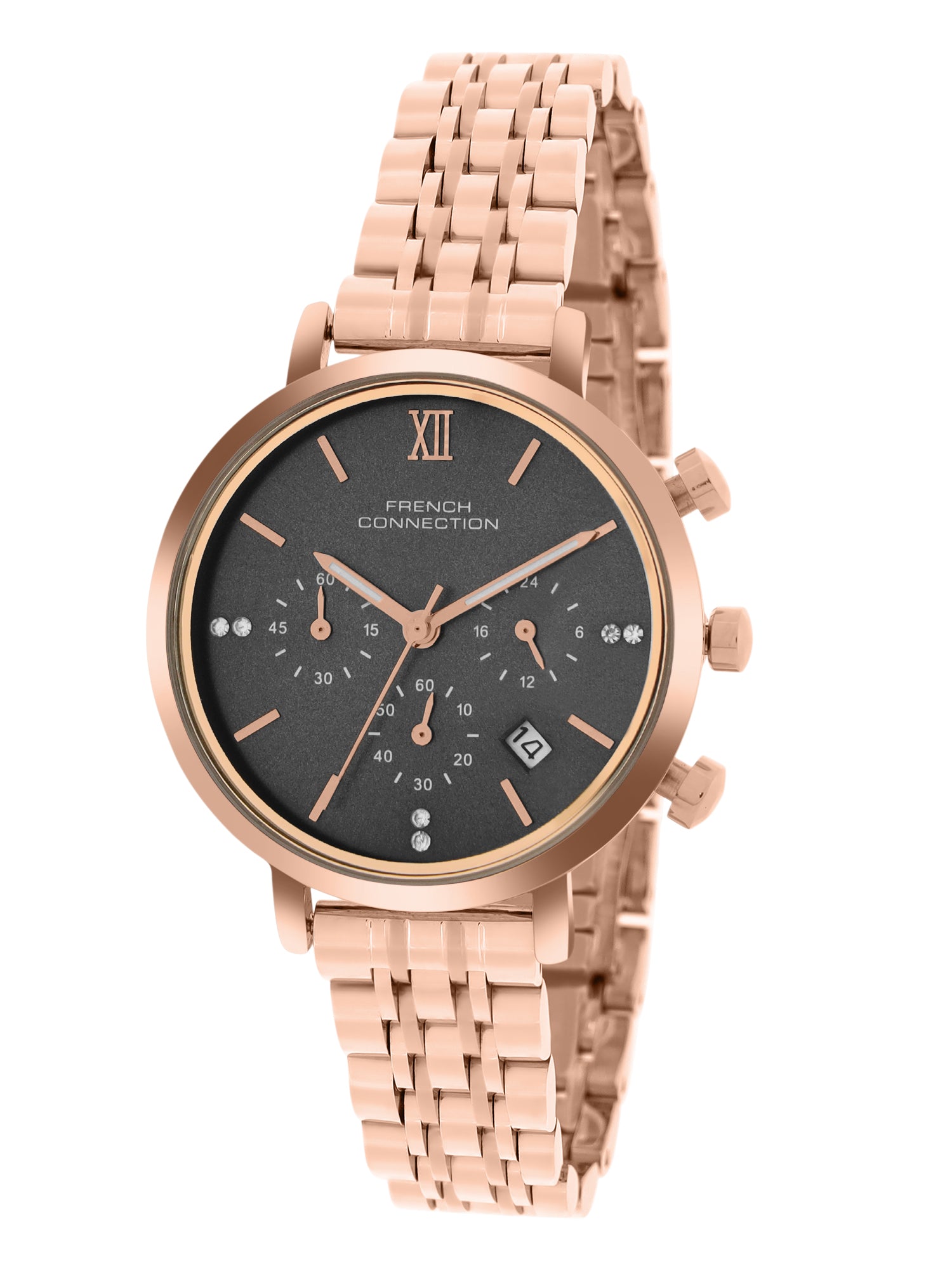 French Connection Sunray Grey Round Dial With Rose Stainless Steel  Strap Chronograph Watch - For Womens FCN0127RGM