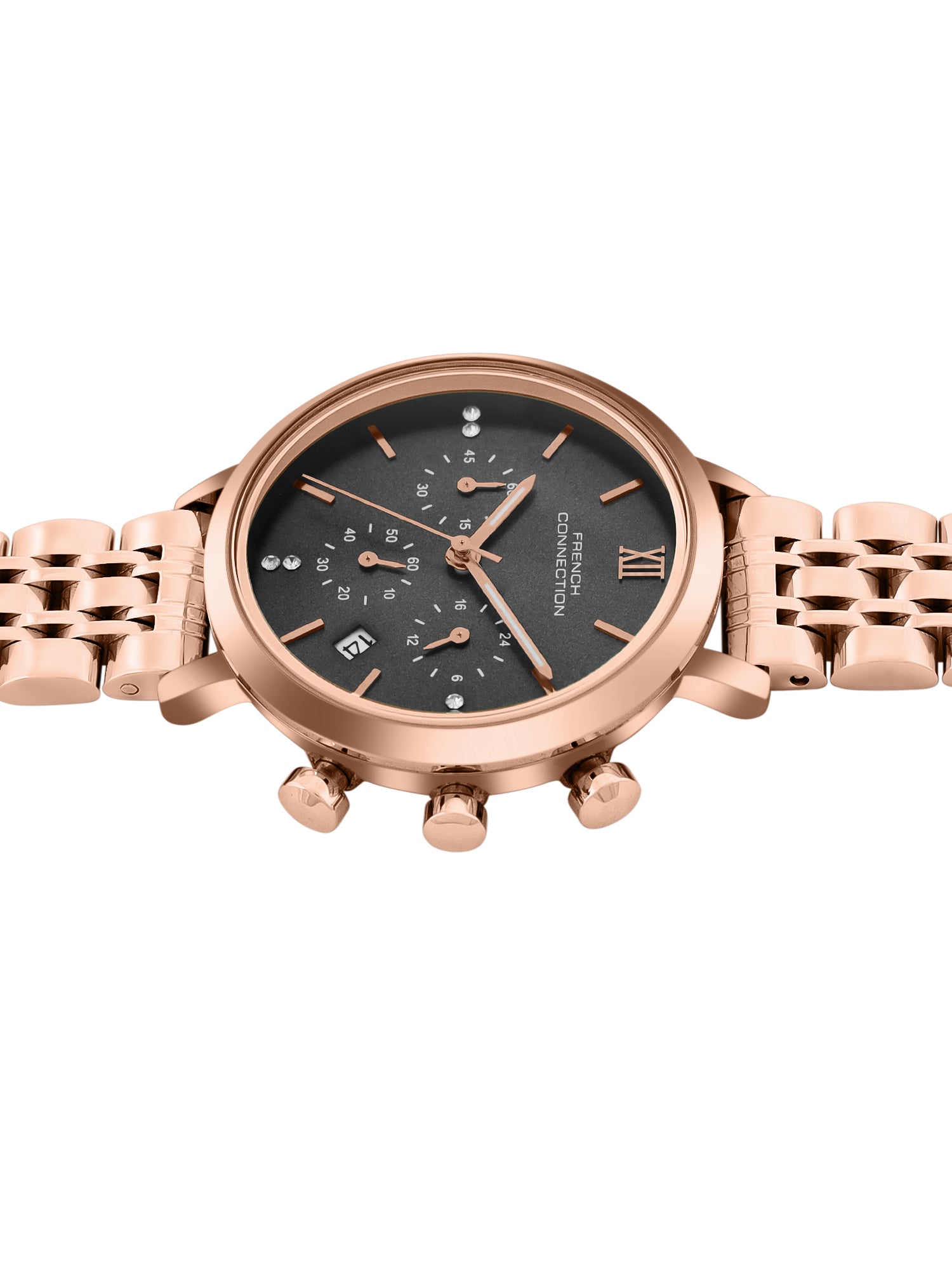 French Connection Sunray Grey Round Dial With Rose Stainless Steel  Strap Chronograph Watch - For Womens FCN0127RGM