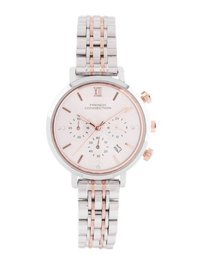 French Connection Sunray Silver Round Dial With Rose Two Tone Stainless Steel  Strap Chronograph Watch - For Womens FCN0127RTM