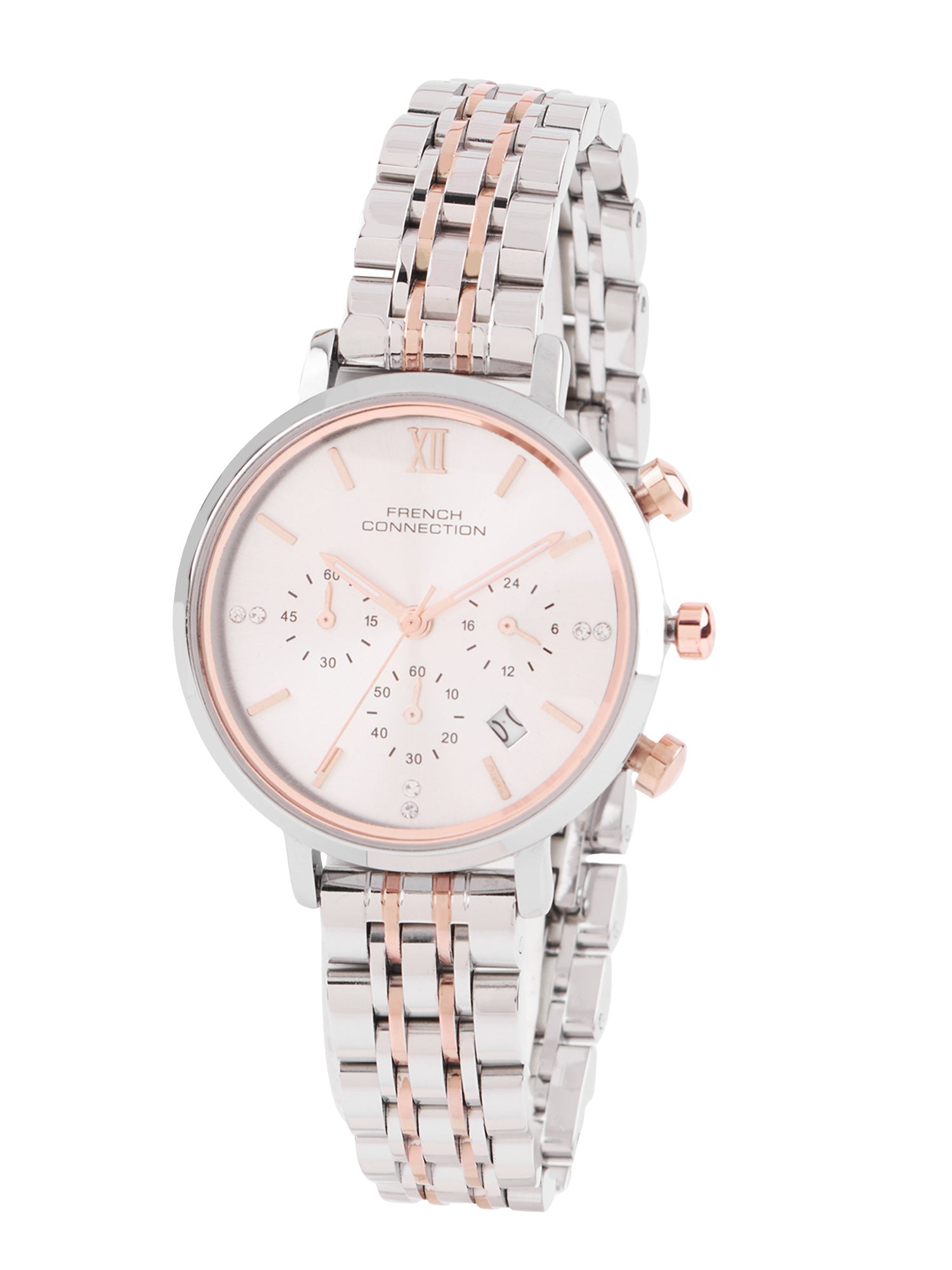 French Connection Sunray Silver Round Dial With Rose Two Tone Stainless Steel  Strap Chronograph Watch - For Womens FCN0127RTM