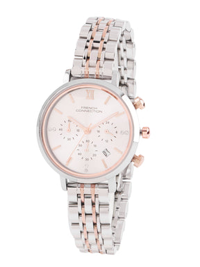 French Connection Sunray Silver Round Dial With Rose Two Tone Stainless Steel  Strap Chronograph Watch - For Womens FCN0127RTM