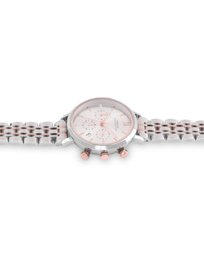 French Connection Sunray Silver Round Dial With Rose Two Tone Stainless Steel  Strap Chronograph Watch - For Womens FCN0127RTM