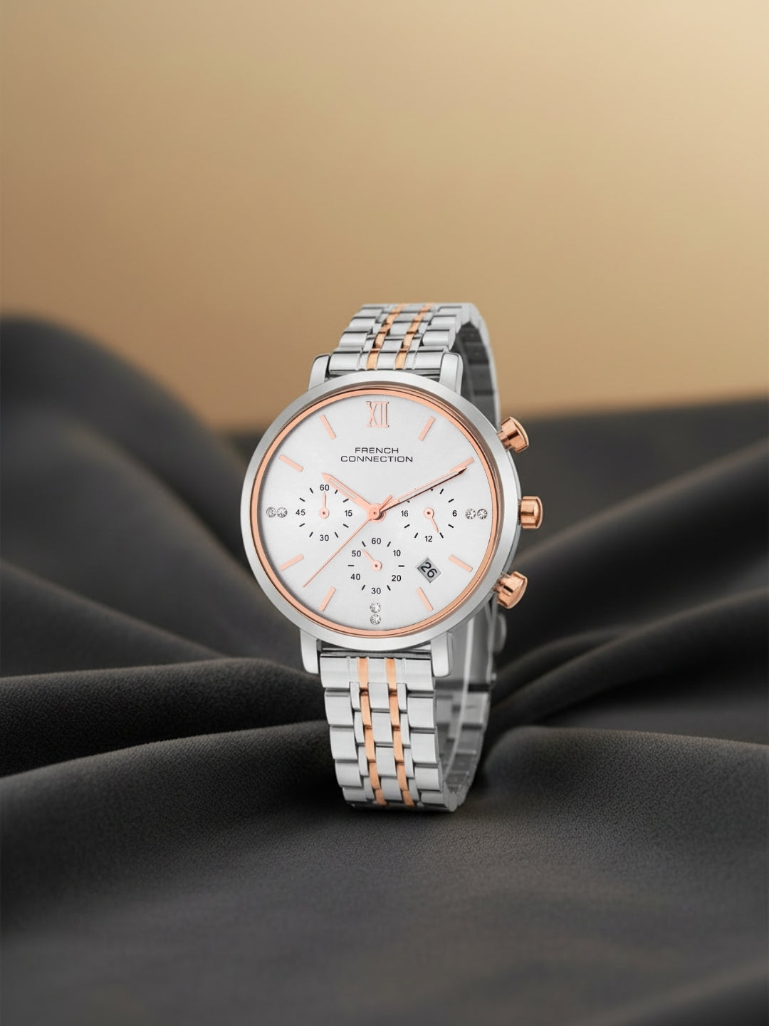 French Connection Sunray Silver Round Dial With Rose Two Tone Stainless Steel  Strap Chronograph Watch - For Womens FCN0127RTM