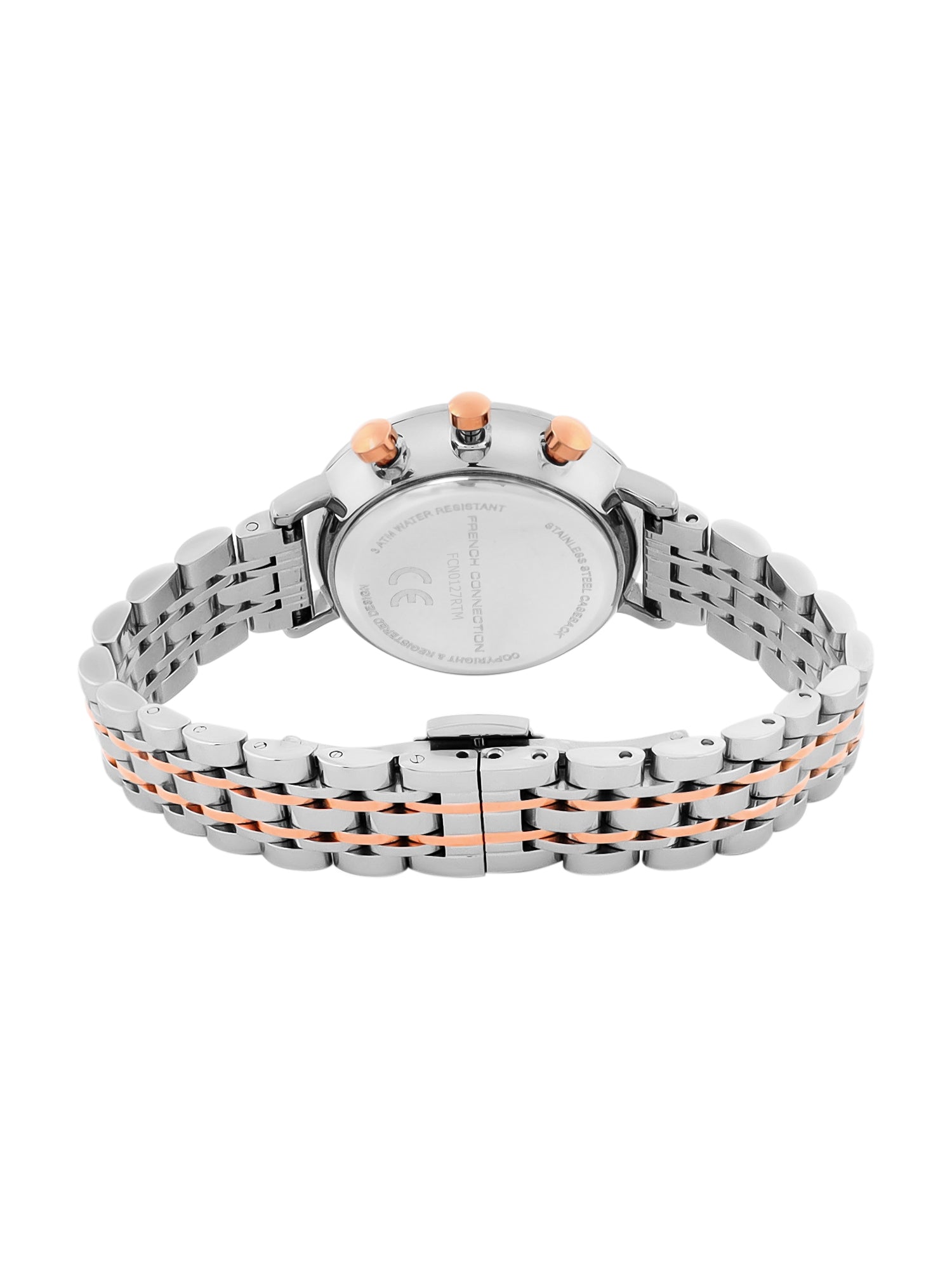 French Connection Sunray Silver Round Dial With Rose Two Tone Stainless Steel  Strap Chronograph Watch - For Womens FCN0127RTM