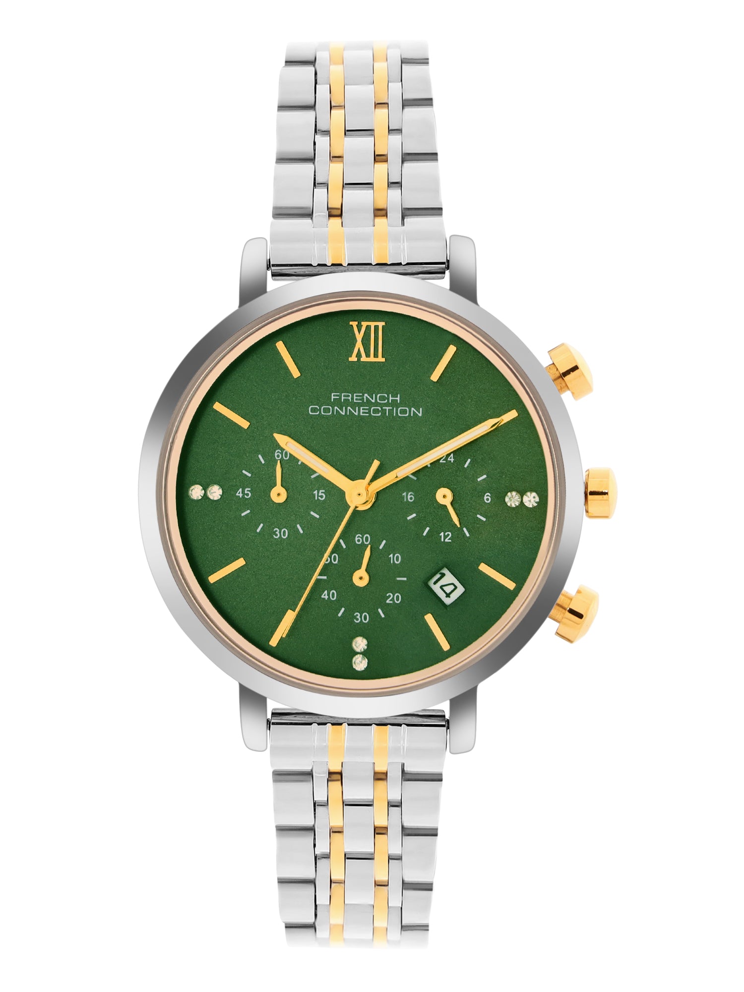 French Connection Sunray Green Round Dial With Gold Two Tone Stainless Steel Strap Chronograph Watch - For Womens FCN0127TM