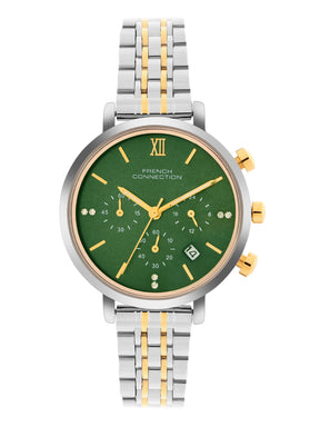 French Connection Sunray Green Round Dial With Gold Two Tone Stainless Steel Strap Chronograph Watch - For Womens FCN0127TM