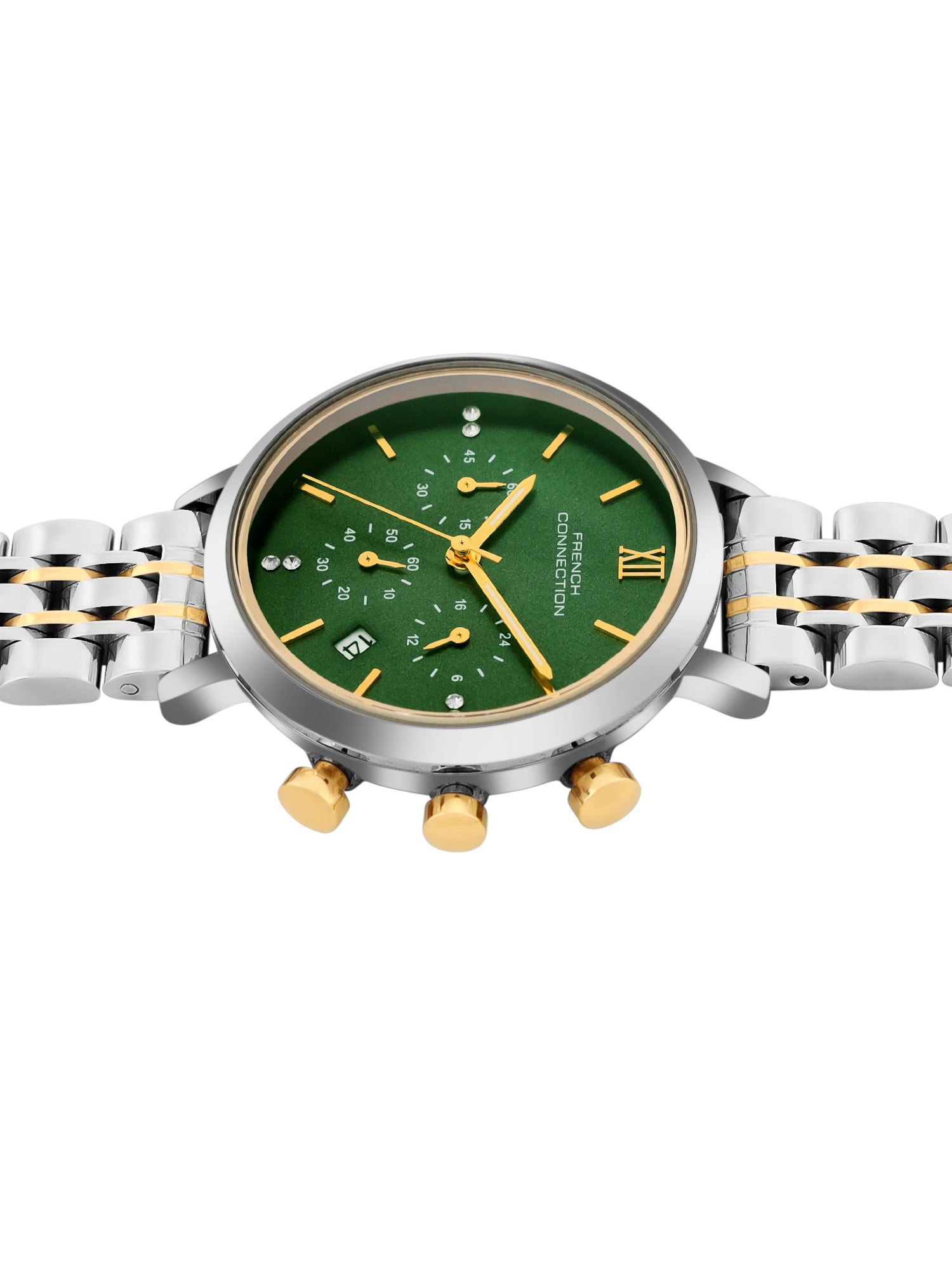 French Connection Sunray Green Round Dial With Gold Two Tone Stainless Steel Strap Chronograph Watch - For Womens FCN0127TM