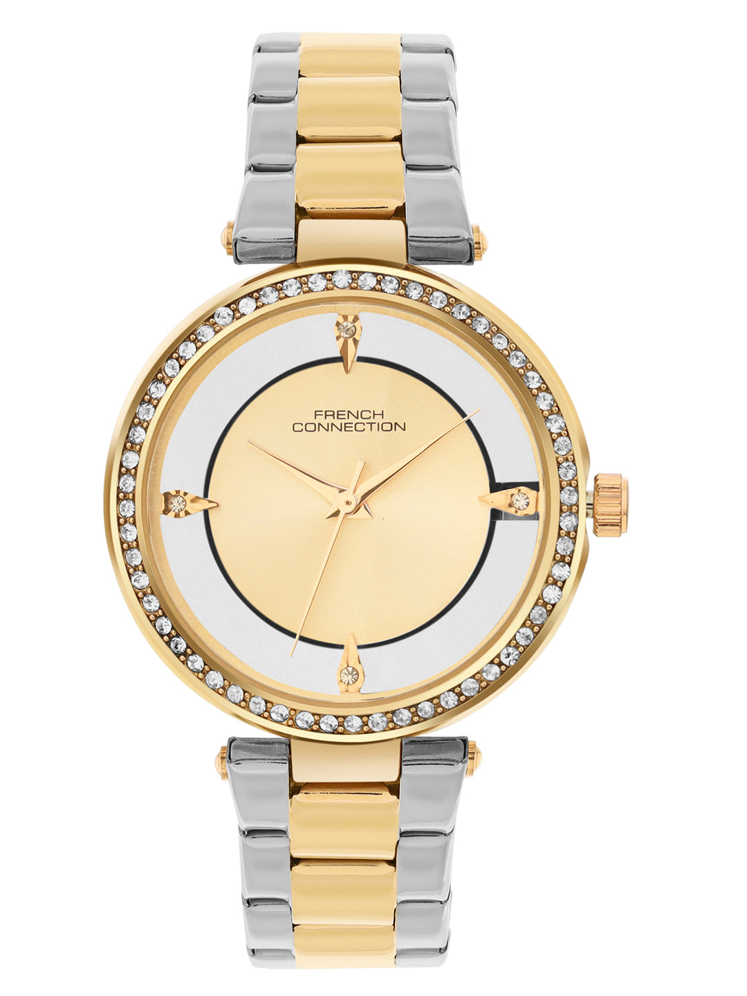 French Connection Sunray Champagne Round Dial With Gold Two Tone Stainless Steel  Strap Watch - For Womens FCN0129TM