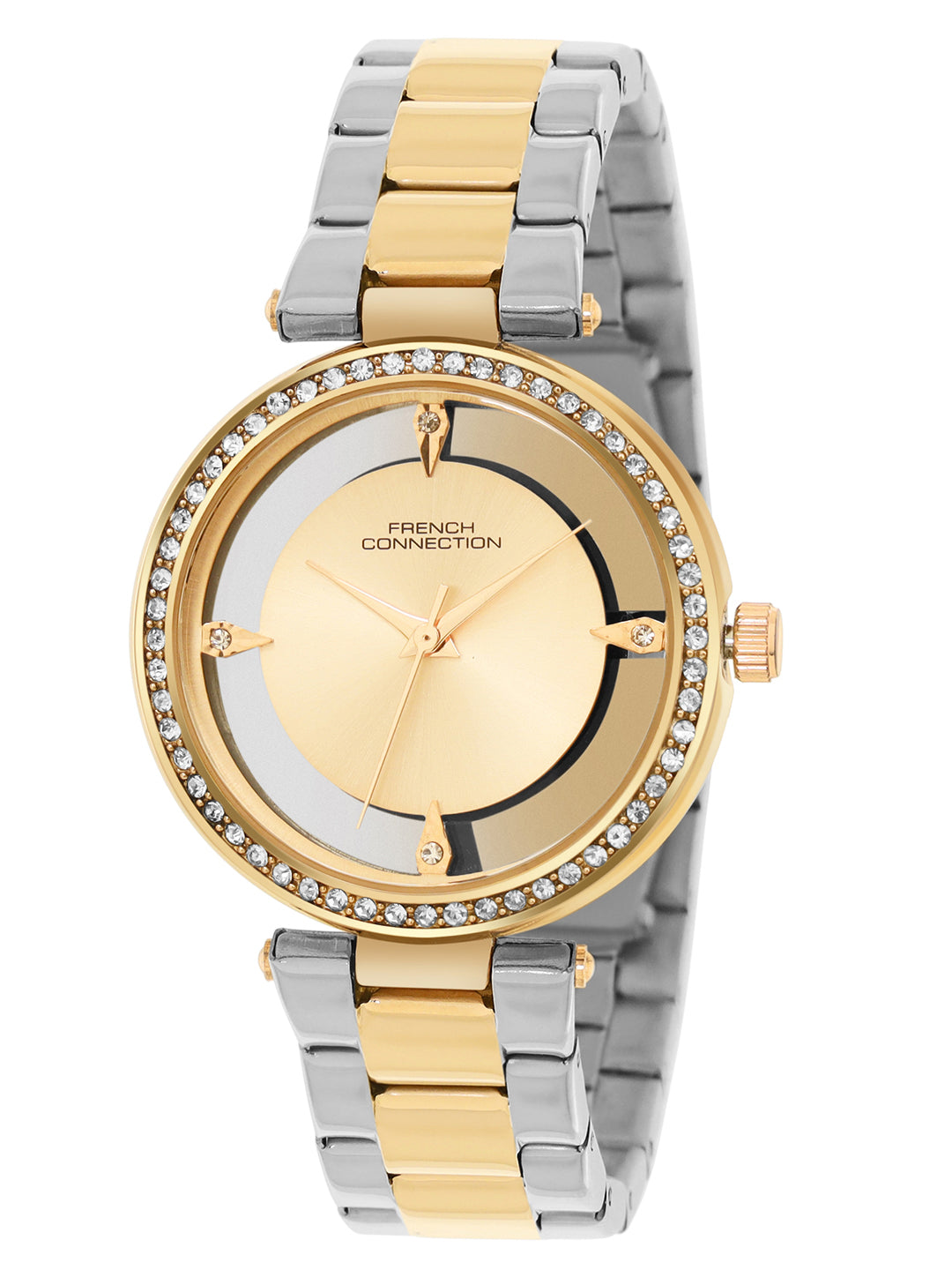 French Connection Sunray Champagne Round Dial With Gold Two Tone Stainless Steel  Strap Watch - For Womens FCN0129TM