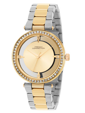 French Connection Sunray Champagne Round Dial With Gold Two Tone Stainless Steel  Strap Watch - For Womens FCN0129TM