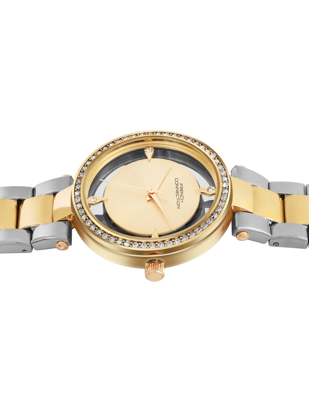 French Connection Sunray Champagne Round Dial With Gold Two Tone Stainless Steel  Strap Watch - For Womens FCN0129TM