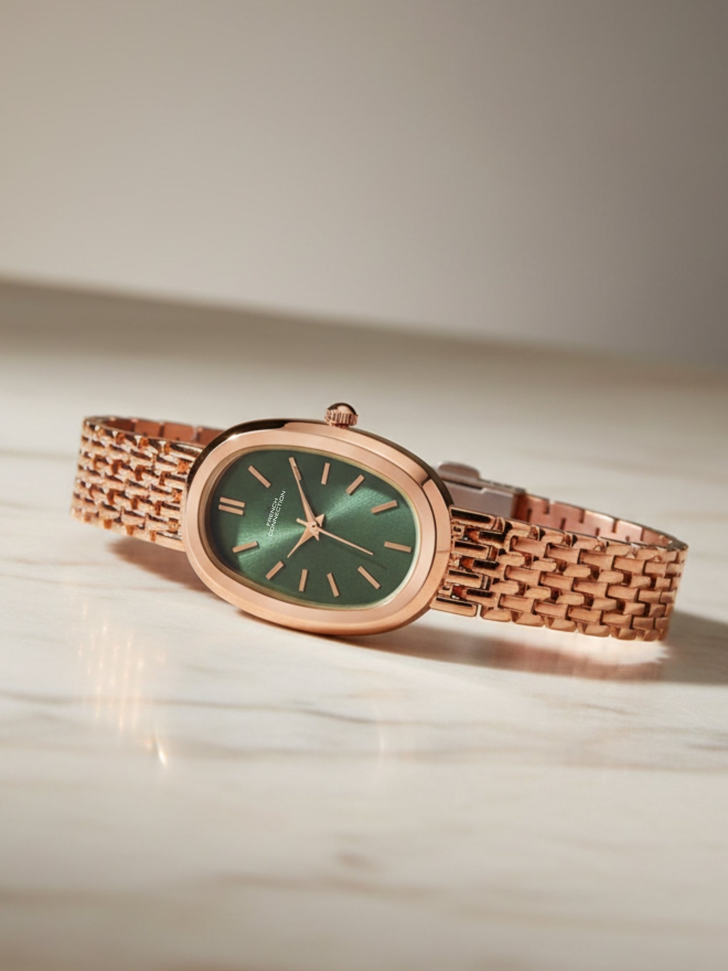 French Connection Sunray Green Oval Dial With Rose Stainless Steel  Strap Watch - For Womens FCN0130NRGM