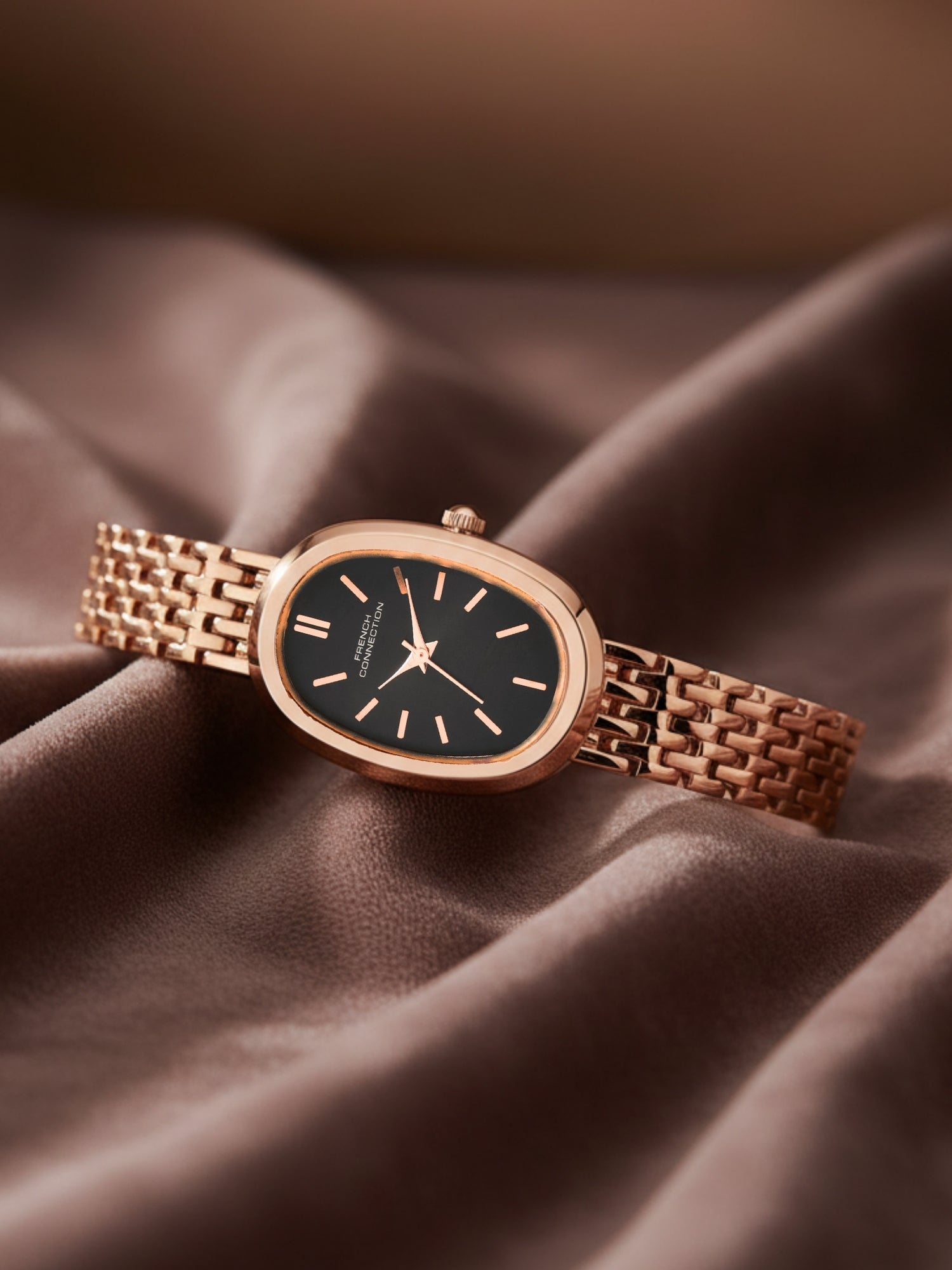 French Connection Sunray Black Round Dial With Rose Stainless Steel  Strap Watch - For Womens FCN0130RGM