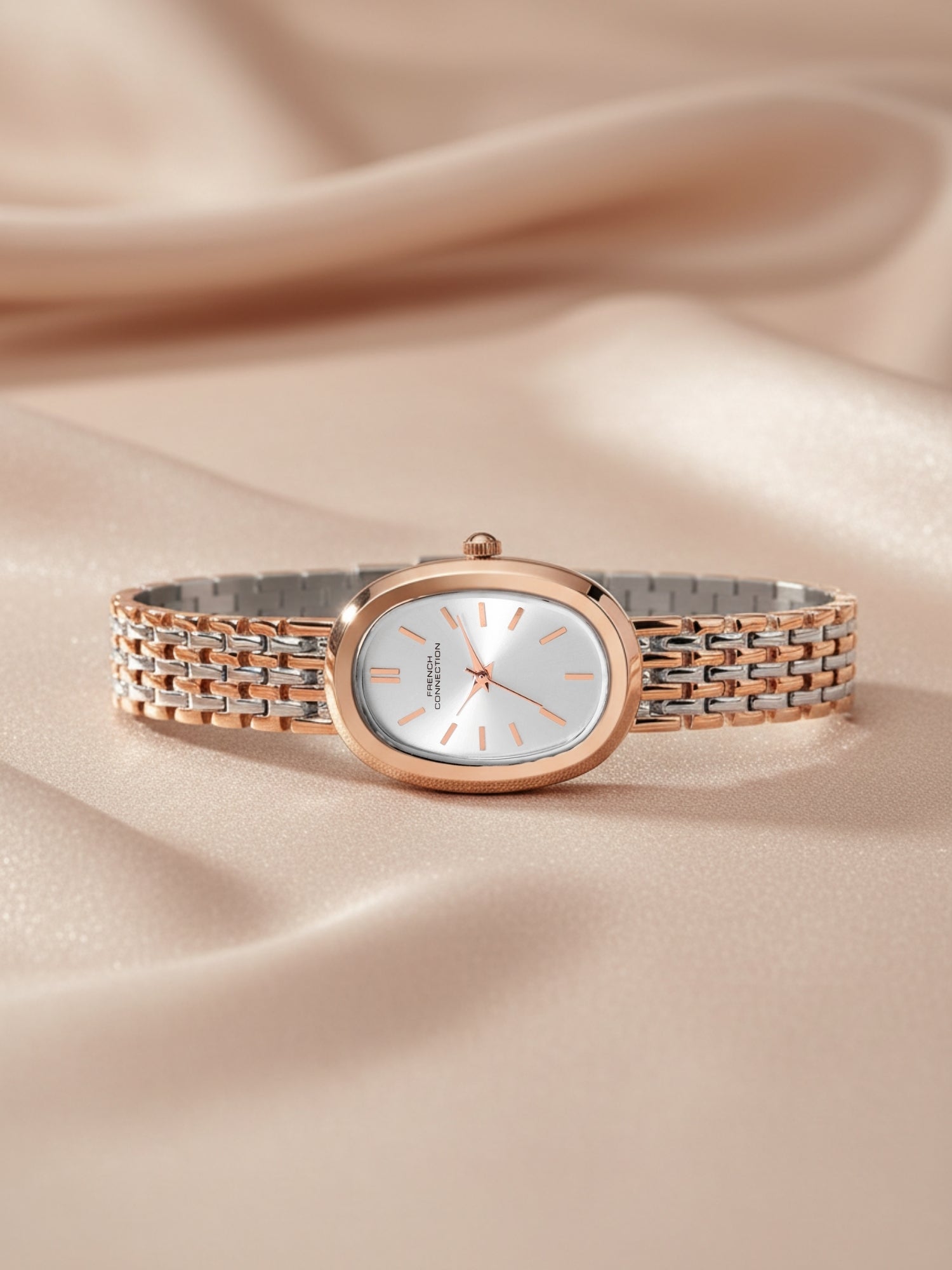 French Connection Sunray Silver Oval Dial With Rose Two Tone Stainless Steel  Strap Watch - For Womens FCN0130RTM