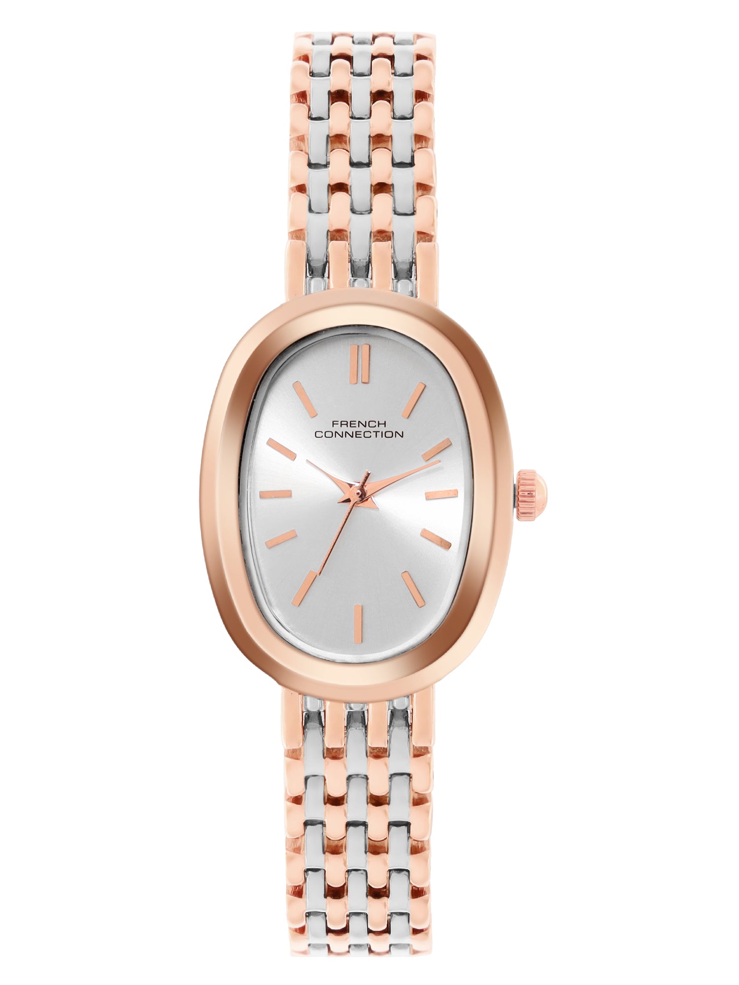 French Connection Sunray Silver Oval Dial With Rose Two Tone Stainless Steel  Strap Watch - For Womens FCN0130RTM