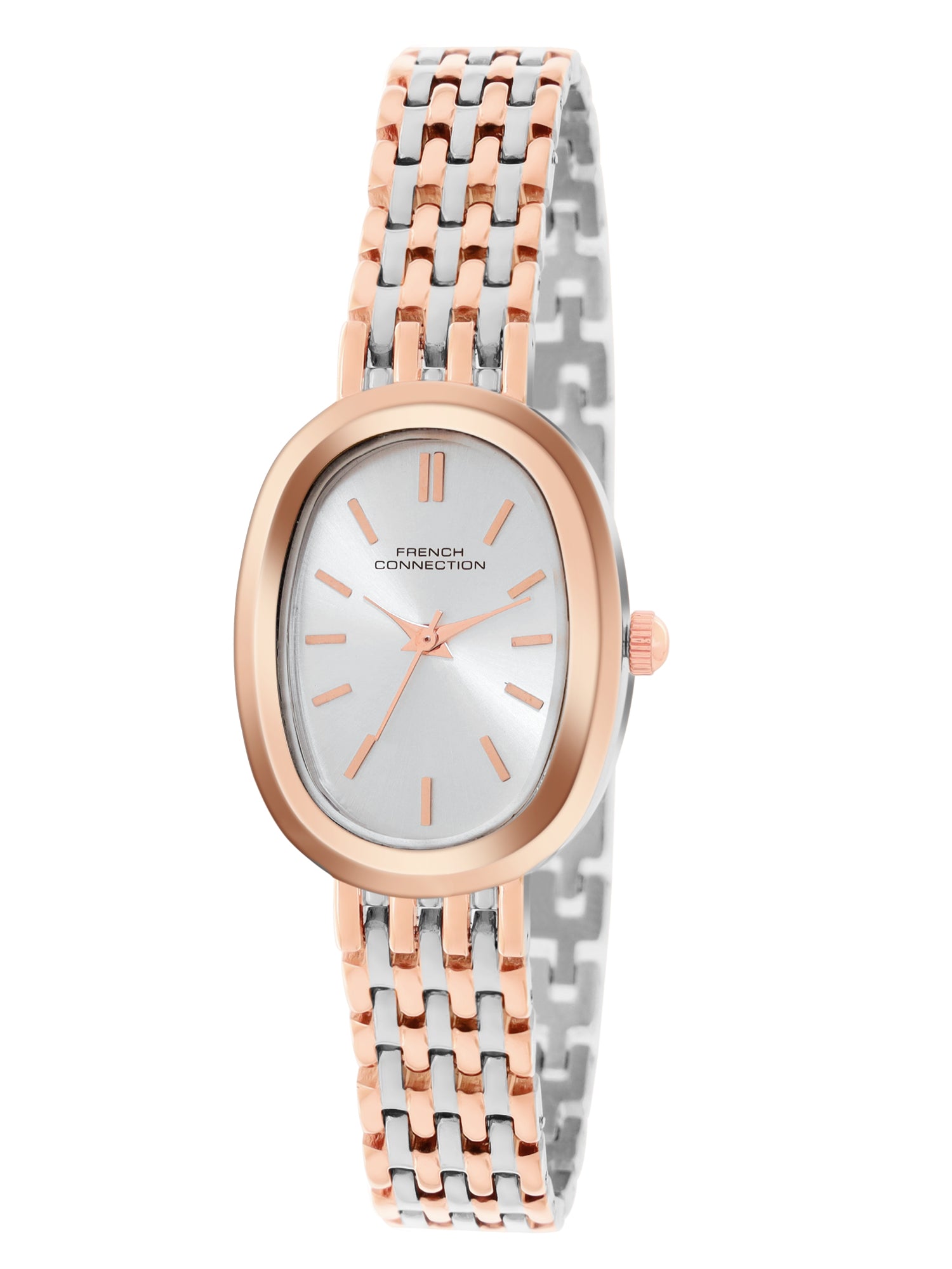 French Connection Sunray Silver Oval Dial With Rose Two Tone Stainless Steel  Strap Watch - For Womens FCN0130RTM