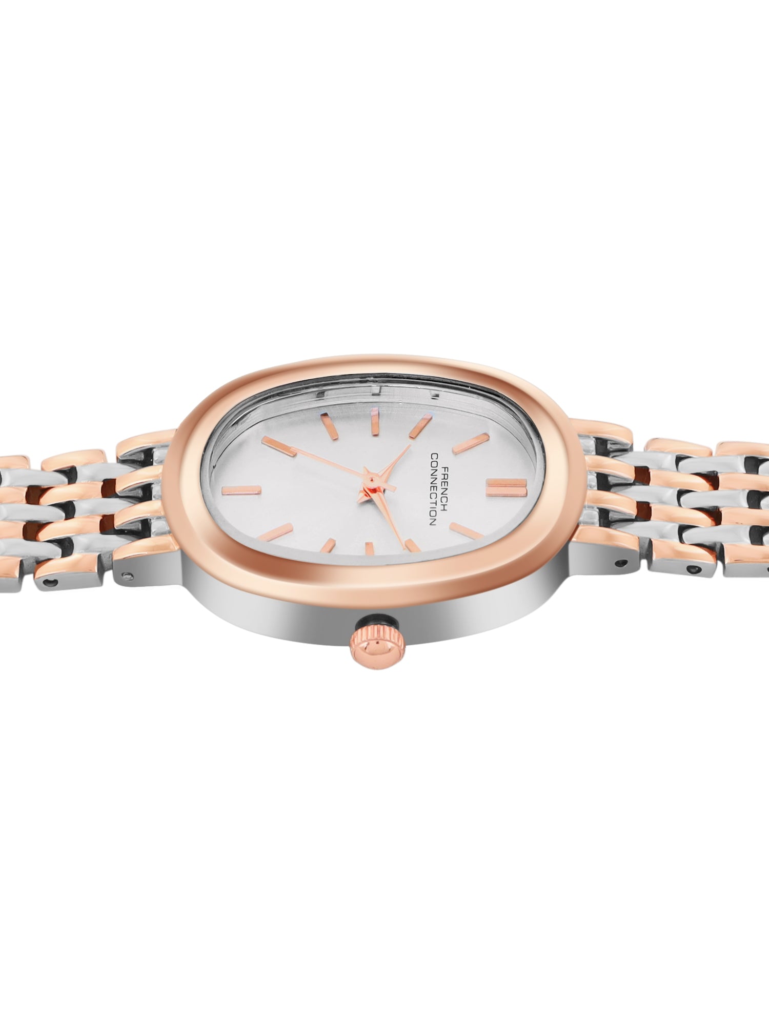 French Connection Sunray Silver Oval Dial With Rose Two Tone Stainless Steel  Strap Watch - For Womens FCN0130RTM