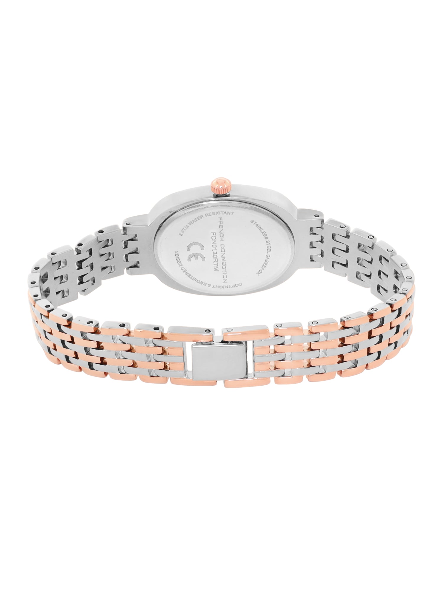 French Connection Sunray Silver Oval Dial With Rose Two Tone Stainless Steel  Strap Watch - For Womens FCN0130RTM