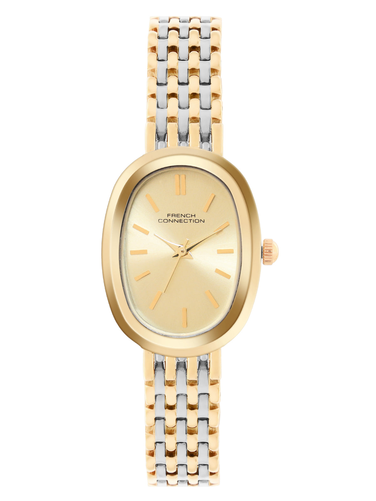 French Connection Sunray Champagne Oval Dial With Gold Two Tone Stainless Steel  Strap Watch - For Womens FCN0130TM