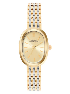French Connection Sunray Champagne Oval Dial With Gold Two Tone Stainless Steel  Strap Watch - For Womens FCN0130TM