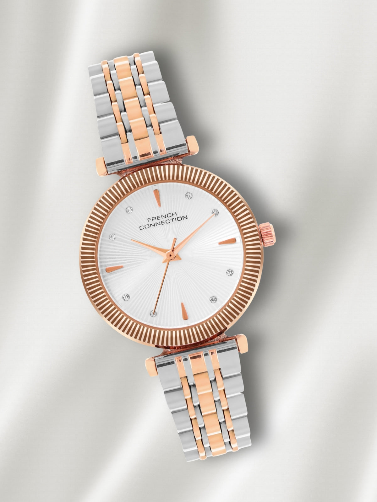 French Connection Textured Silver Round Dial With Rose Two Tone Stainless Steel  Strap Watch - For Womens FCN0133RTM