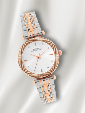 French Connection Textured Silver Round Dial With Rose Two Tone Stainless Steel  Strap Watch - For Womens FCN0133RTM