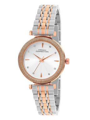 French Connection Textured Silver Round Dial With Rose Two Tone Stainless Steel  Strap Watch - For Womens FCN0133RTM