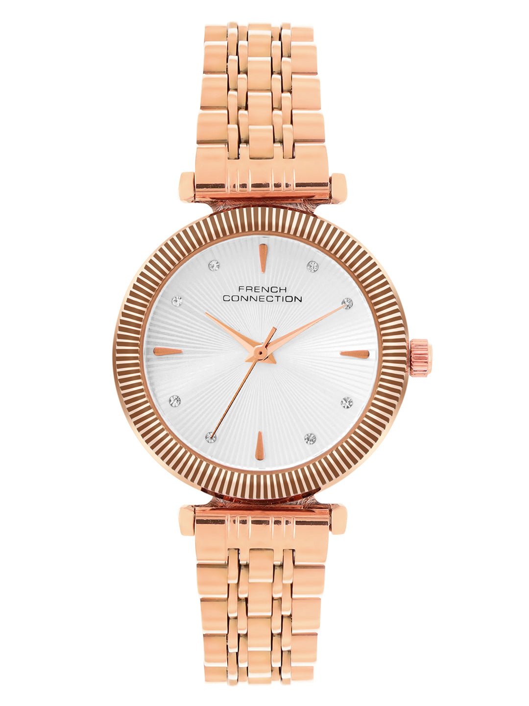 French Connection Textured Silver Round Dial With Rose Stainless Steel  Strap Watch - For Womens FCN0133SRGM