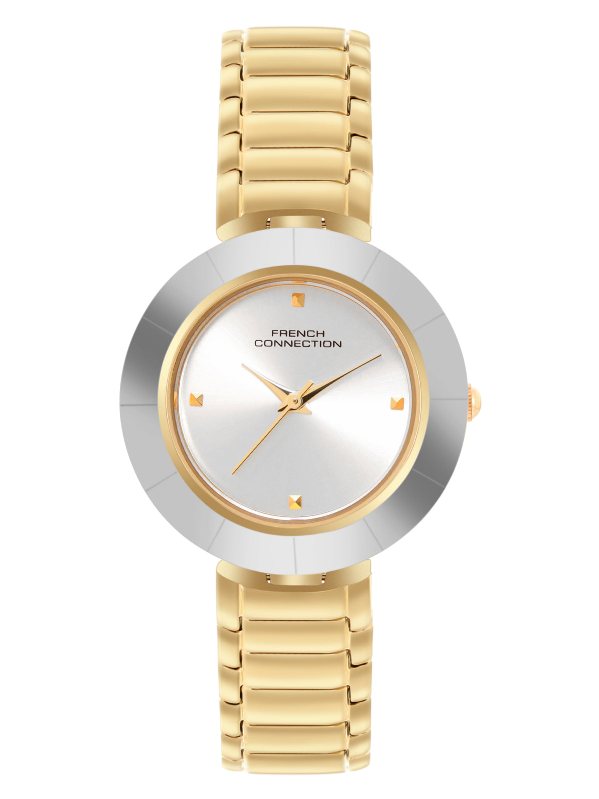 French Connection Sunray Silver Round Dial With  Gold Stainless Steel  Strap Watch - For Womens FCN0136SGM