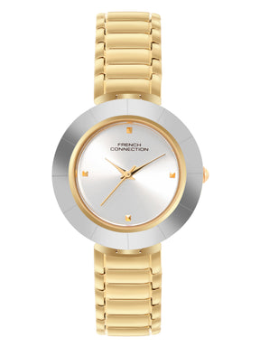 French Connection Sunray Silver Round Dial With  Gold Stainless Steel  Strap Watch - For Womens FCN0136SGM