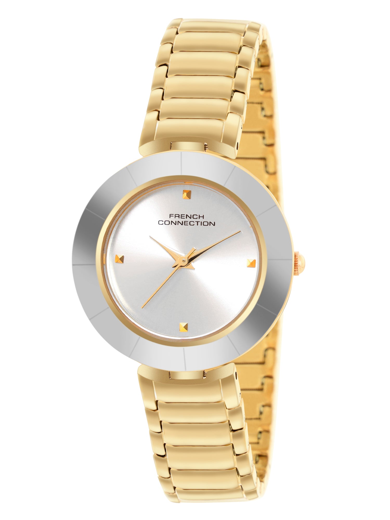 French Connection Sunray Silver Round Dial With  Gold Stainless Steel  Strap Watch - For Womens FCN0136SGM
