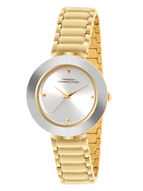 French Connection Sunray Silver Round Dial With  Gold Stainless Steel  Strap Watch - For Womens FCN0136SGM