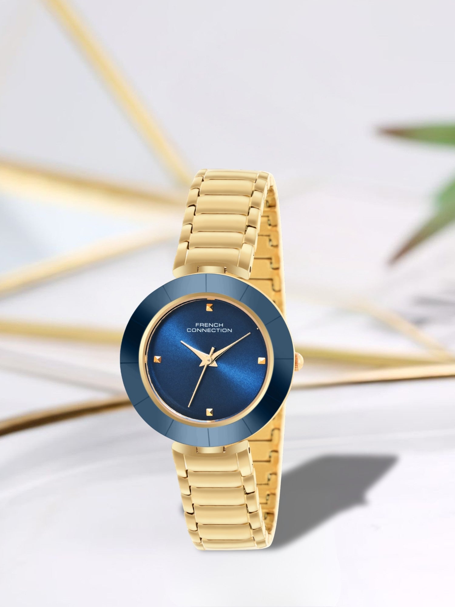 French Connection Sunray Blue Round Dial With  Gold Stainless Steel  Strap Watch - For Womens FCN0136UGM